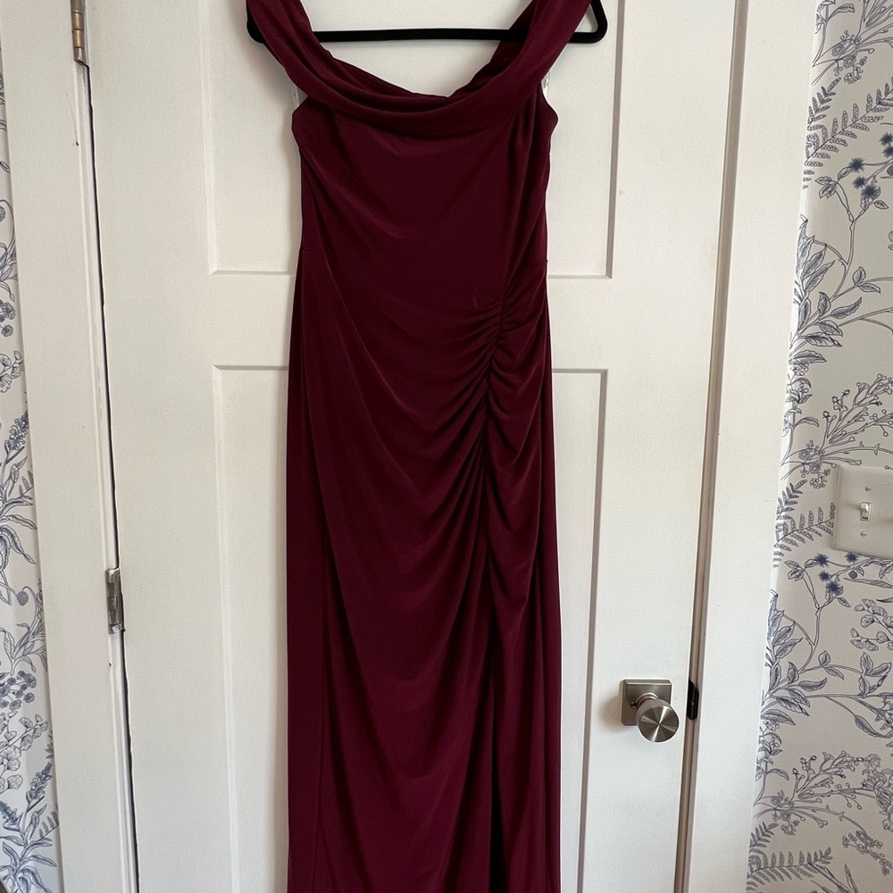 David's Bridal Burgundy Cowl Neck Ruched Gown